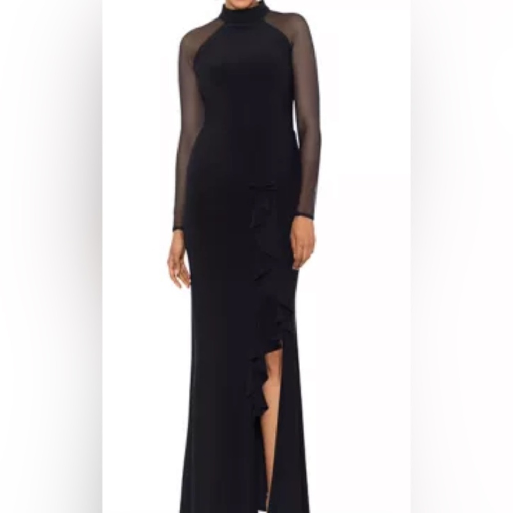 Betsy and Adam Womens Black Long Mesh Sleeve Dress with Ruffle Detail